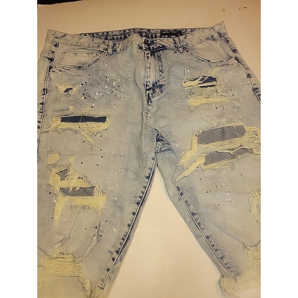 Smoke Rise Blue Destroyed Fashion Denim Shorts‎ Mens Sz 44 Paint Splatter